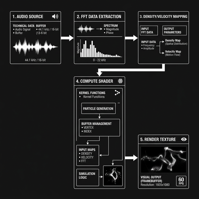 Architecture Diagram: Audio Source -> FFT Data extraction -> Density/Velocity Mapping -> Compute Shader -> Render Texture